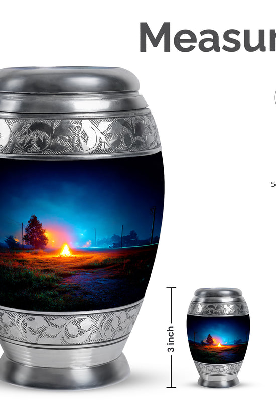 Celestial Blue Campfire Cremation Urn lifestyle display on memorial shelf - ornate monarch-style campfire relief on brushed aluminum - mini keepsake memorial for portion of cremation ashes