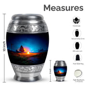 Celestial Blue Campfire Cremation Urn lifestyle display on memorial shelf - ornate monarch-style campfire relief on brushed aluminum - mini keepsake memorial for portion of cremation ashes