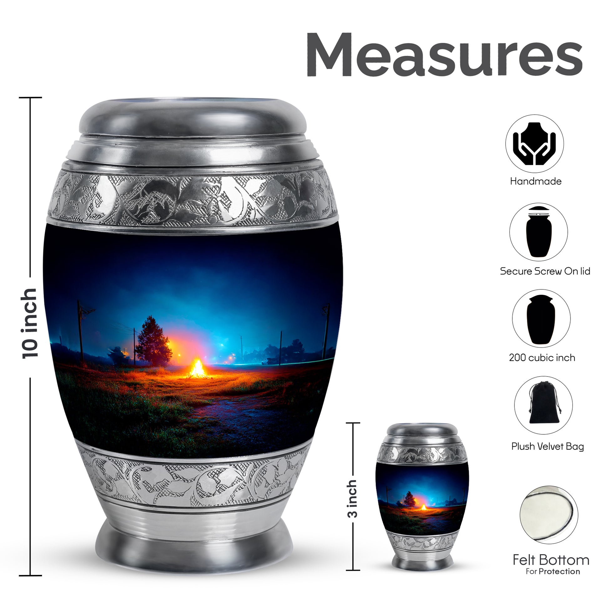 Celestial Blue Campfire Cremation Urn lifestyle display on memorial shelf - ornate monarch-style campfire relief on brushed aluminum - mini keepsake memorial for portion of cremation ashes
