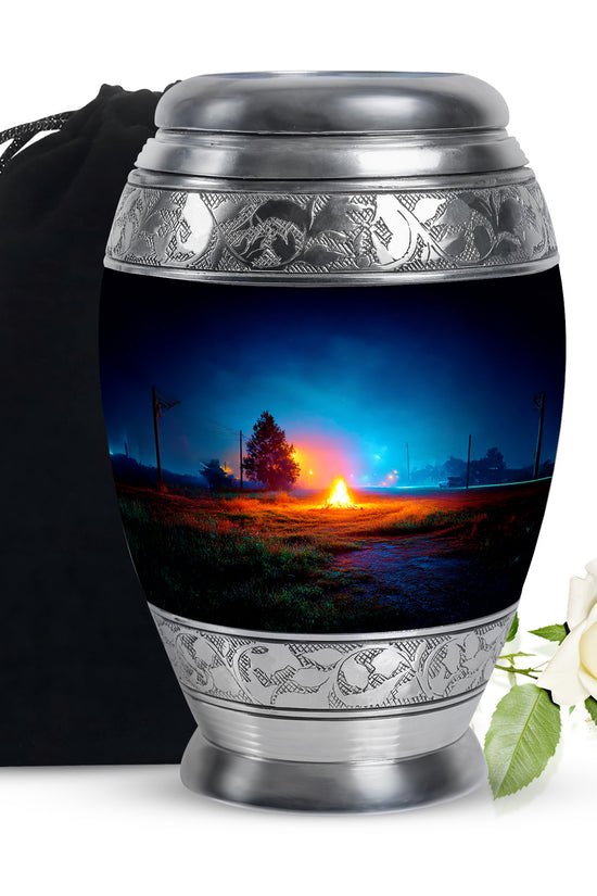 Bright Blue Campfire Cremation Urn back view with polished surface - majestic campfire pattern with filigree border - full-size 10 inch 200 cubic inch adult cremation urn