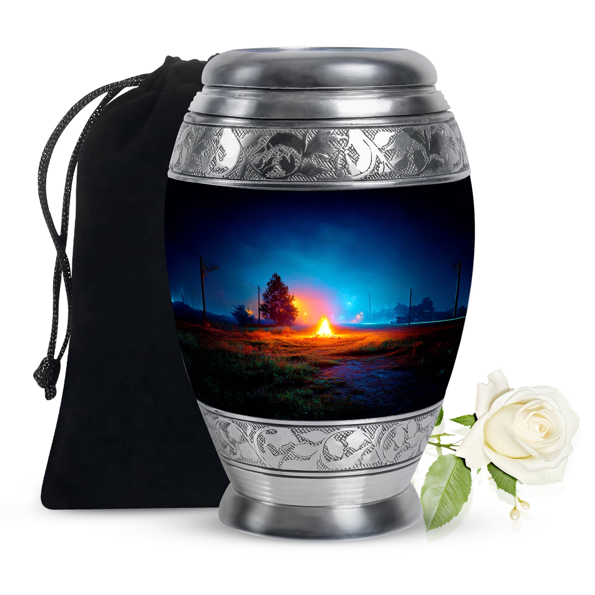 Bright Blue Campfire Cremation Urn back view with polished surface - majestic campfire pattern with filigree border - full-size 10 inch 200 cubic inch adult cremation urn