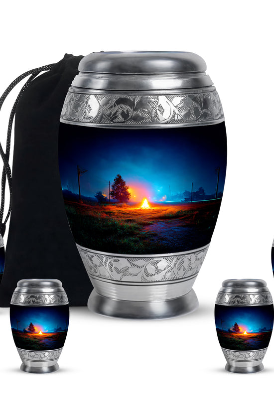 Soft Blue Campfire Cremation Urn detail view - majestic campfire pattern with filigree border - memorial set with one large and four small urns
