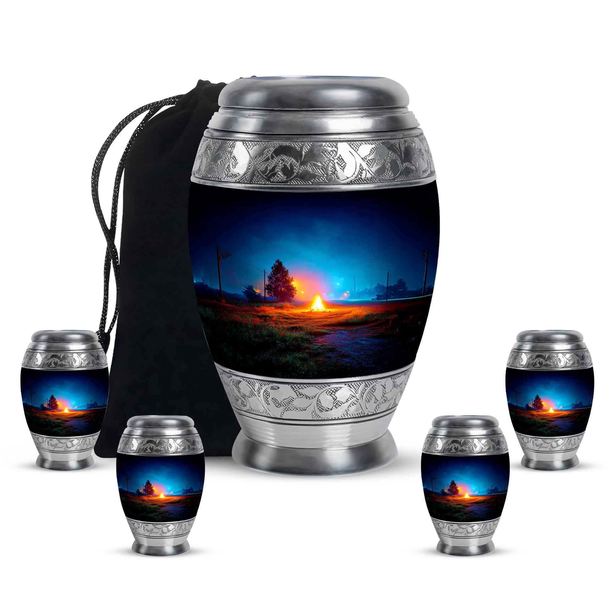 Soft Blue Campfire Cremation Urn detail view - majestic campfire pattern with filigree border - memorial set with one large and four small urns