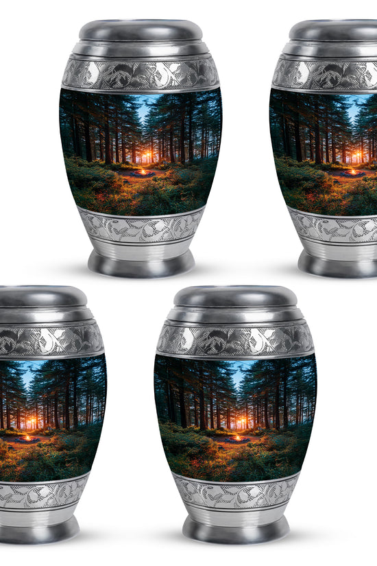 Vivid Blue Campfire Cremation Urn urn with complimentary velvet bag - majestic campfire pattern with filigree border - 10 inch aluminum urn for cremated remains