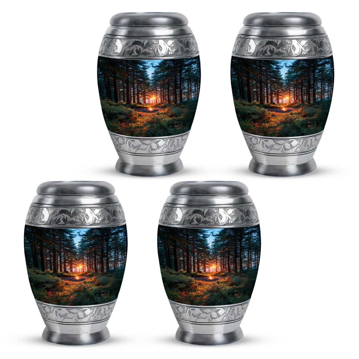 Vivid Blue Campfire Cremation Urn urn with complimentary velvet bag - majestic campfire pattern with filigree border - 10 inch aluminum urn for cremated remains