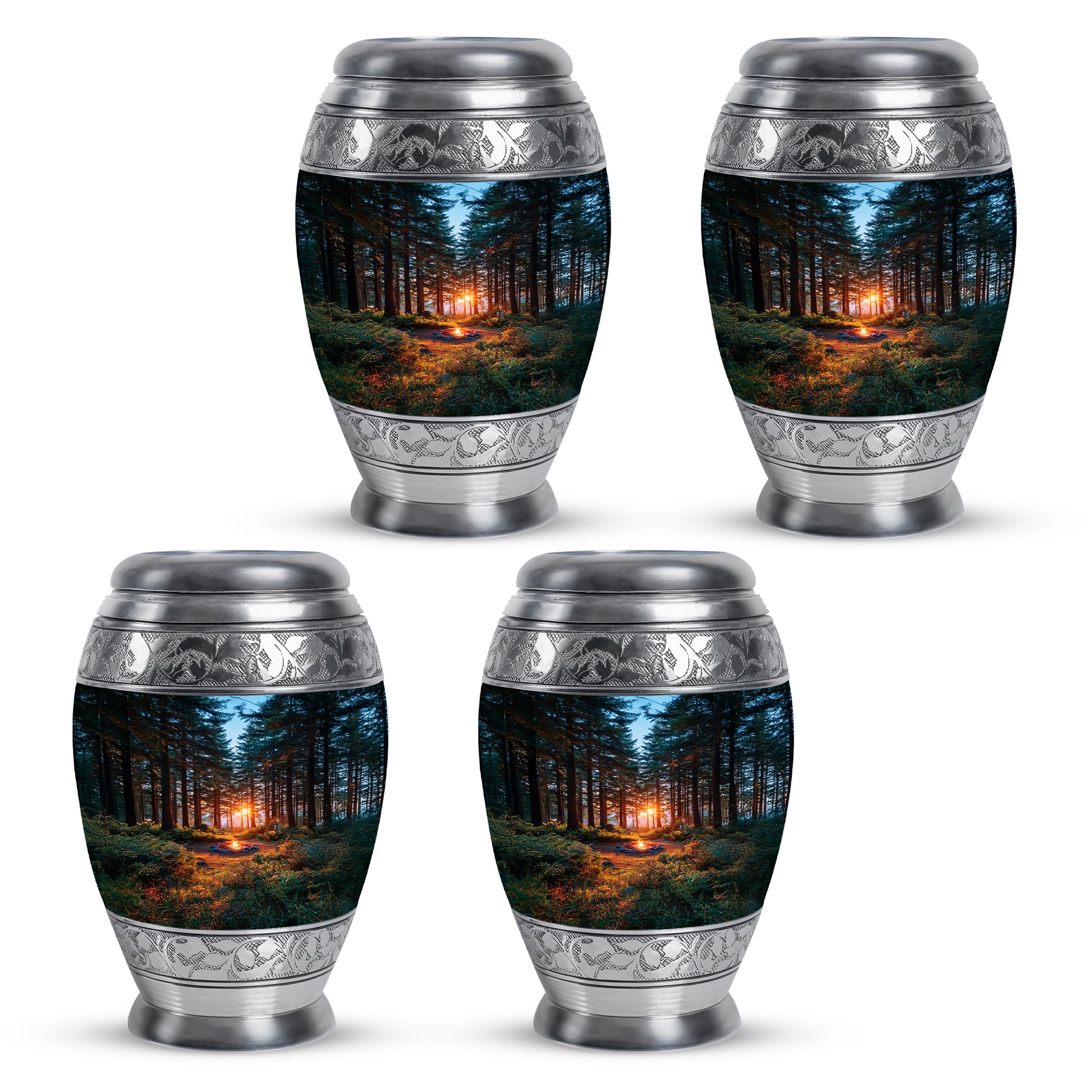 Vivid Blue Campfire Cremation Urn urn with complimentary velvet bag - majestic campfire pattern with filigree border - 10 inch aluminum urn for cremated remains