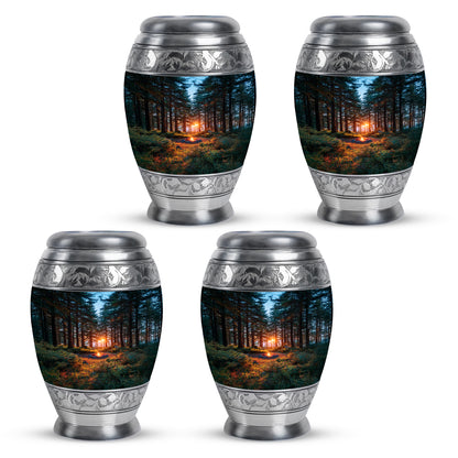 Vivid Blue Campfire Cremation Urn urn with complimentary velvet bag - majestic campfire pattern with filigree border - 10 inch aluminum urn for cremated remains
