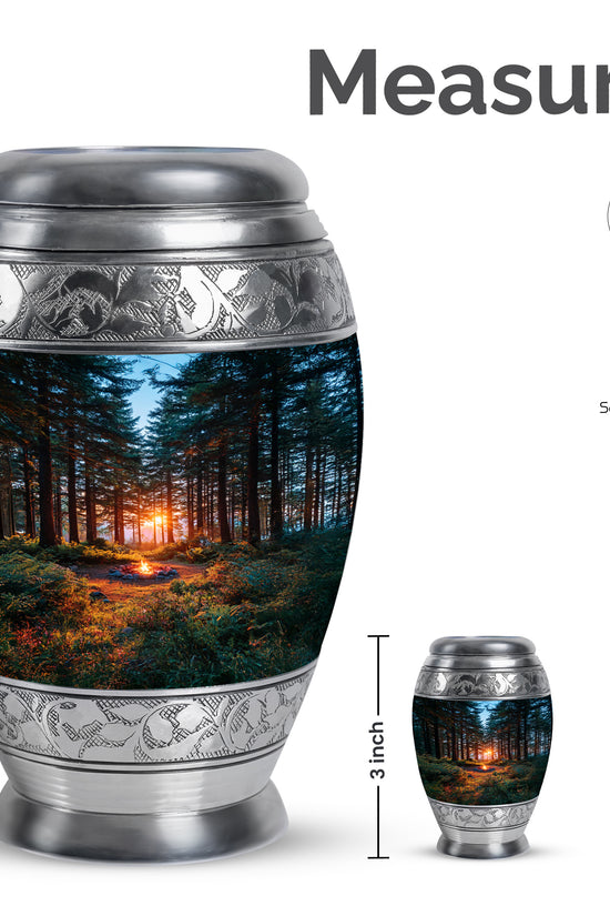 Twilight Blue Campfire Cremation Urn lifestyle display on memorial shelf - royal campfire engraving with decorative scrollwork - mini keepsake memorial for portion of cremation ashes