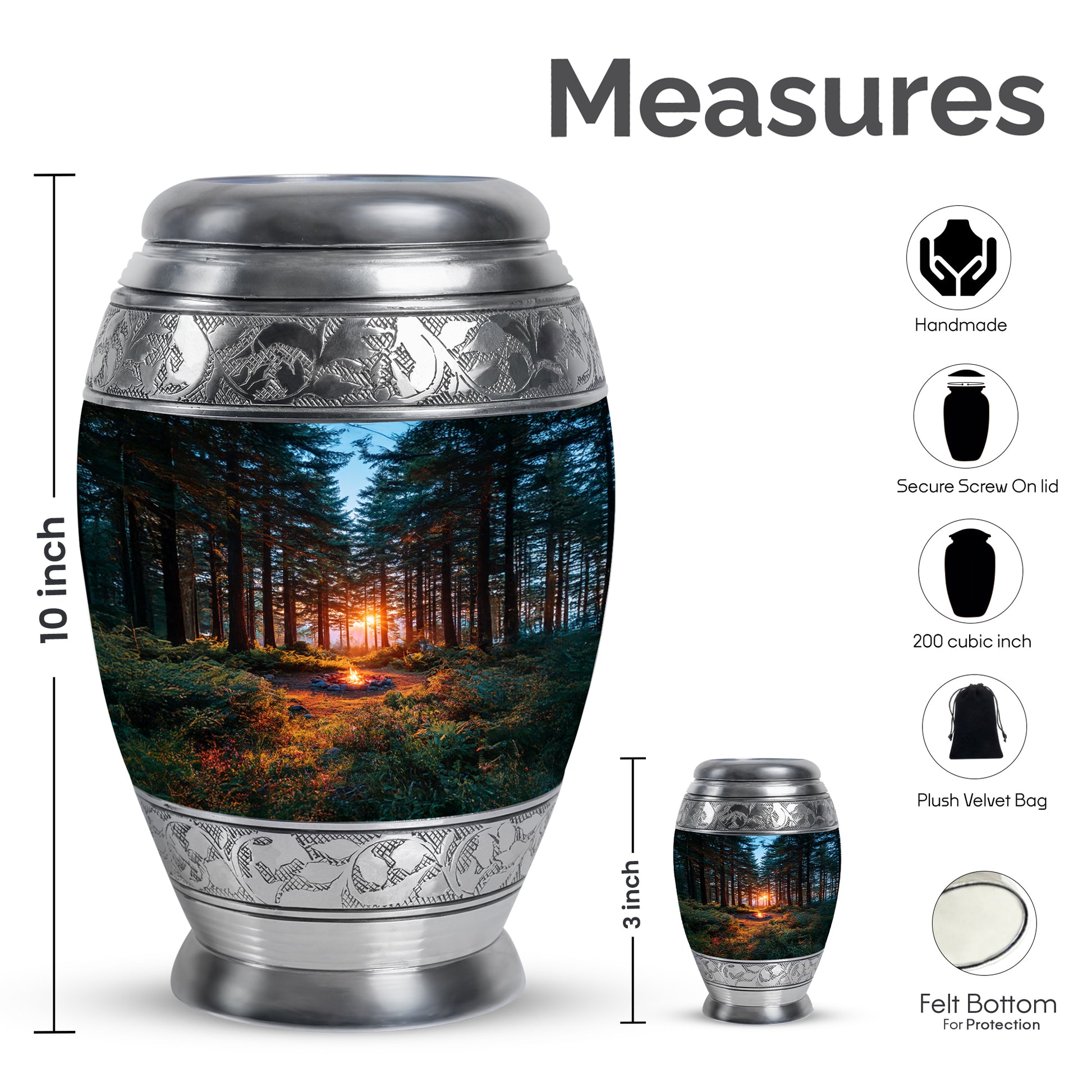 Twilight Blue Campfire Cremation Urn lifestyle display on memorial shelf - royal campfire engraving with decorative scrollwork - mini keepsake memorial for portion of cremation ashes