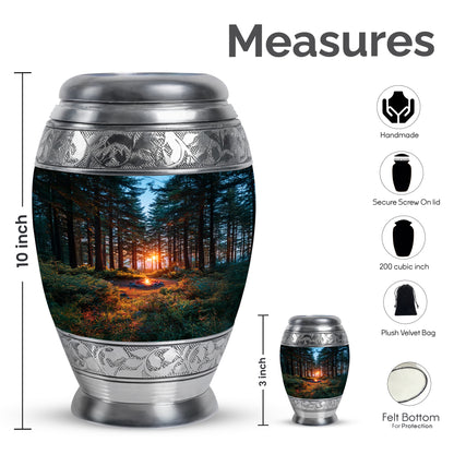 Twilight Blue Campfire Cremation Urn lifestyle display on memorial shelf - royal campfire engraving with decorative scrollwork - mini keepsake memorial for portion of cremation ashes