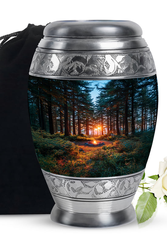 Indigo Campfire Cremation Urn back view with polished surface - ornate monarch-style campfire relief on brushed aluminum - full-size 10 inch 200 cubic inch adult cremation urn
