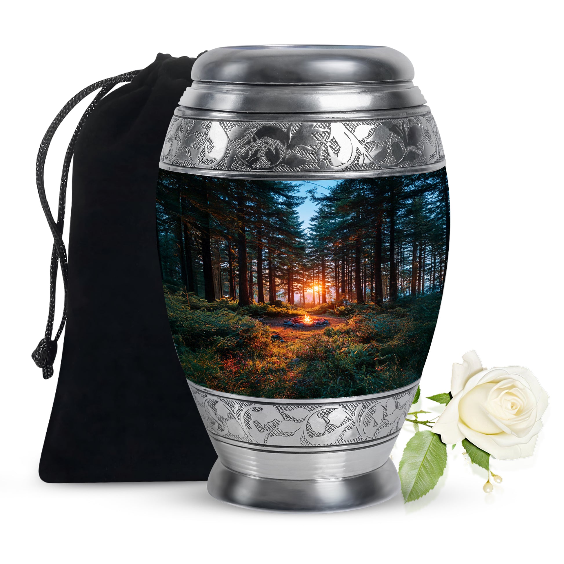 Indigo Campfire Cremation Urn back view with polished surface - ornate monarch-style campfire relief on brushed aluminum - full-size 10 inch 200 cubic inch adult cremation urn