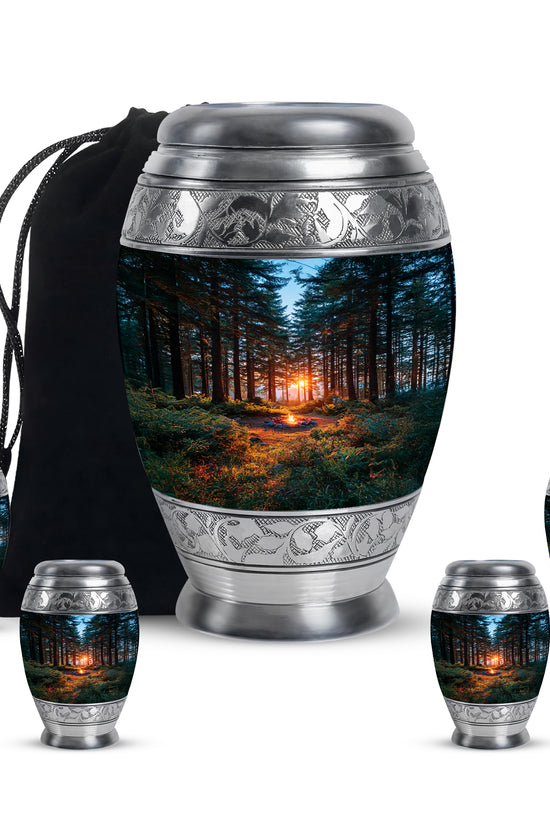 Serene Blue Campfire Cremation Urn detail view - royal campfire engraving with decorative scrollwork - memorial set with one large and four small urns