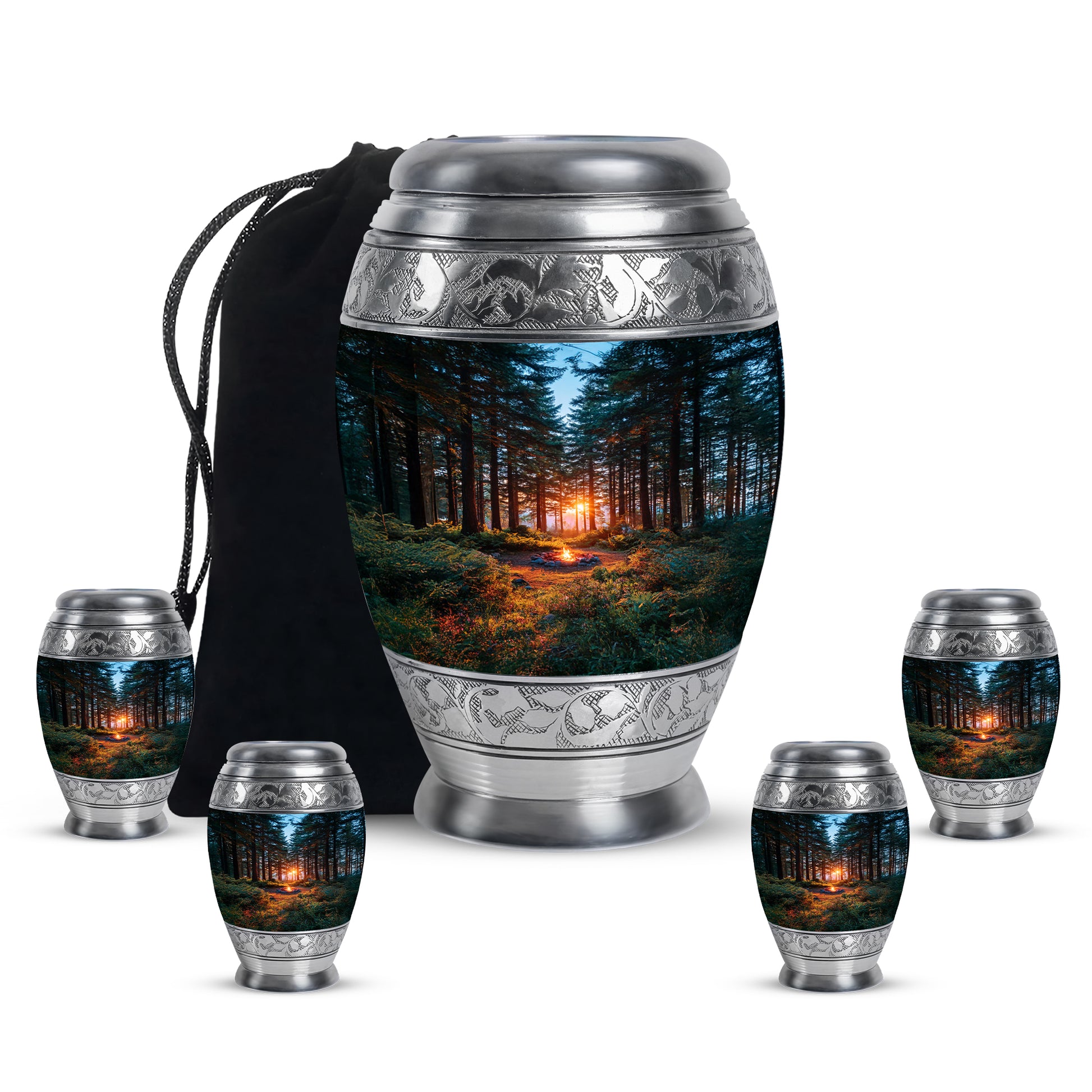 Serene Blue Campfire Cremation Urn detail view - royal campfire engraving with decorative scrollwork - memorial set with one large and four small urns