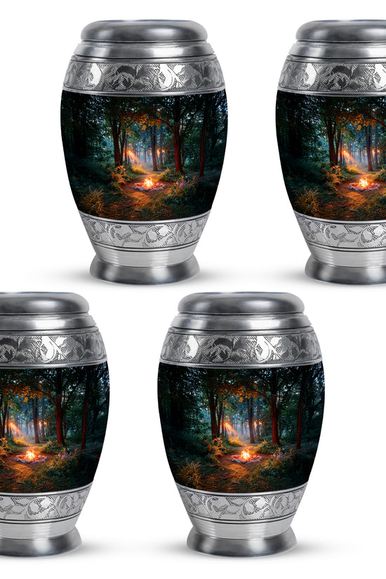 Midnight Black Campfire Cremation Urn urn with complimentary velvet bag - majestic campfire pattern with filigree border - 10 inch aluminum urn for cremated remains