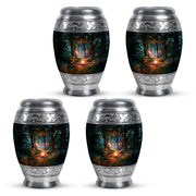 Midnight Black Campfire Cremation Urn urn with complimentary velvet bag - majestic campfire pattern with filigree border - 10 inch aluminum urn for cremated remains