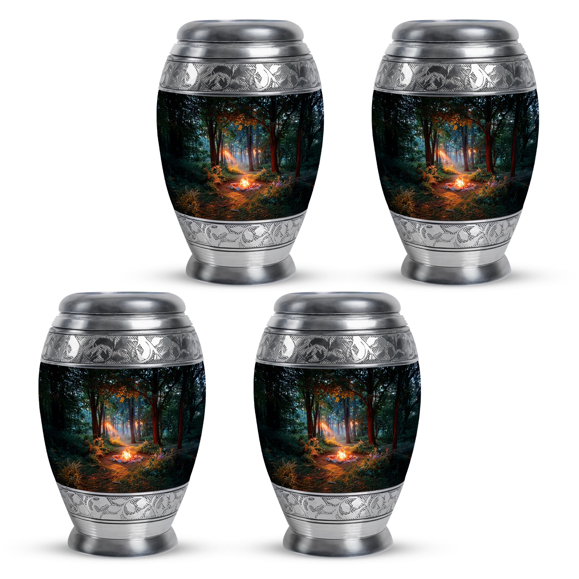 Midnight Black Campfire Cremation Urn urn with complimentary velvet bag - majestic campfire pattern with filigree border - 10 inch aluminum urn for cremated remains