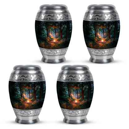 Midnight Black Campfire Cremation Urn urn with complimentary velvet bag - majestic campfire pattern with filigree border - 10 inch aluminum urn for cremated remains