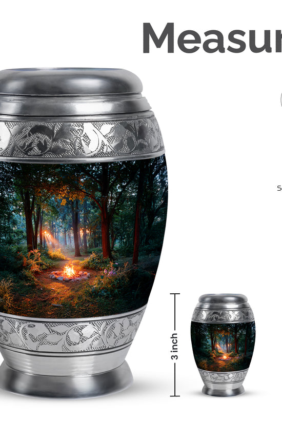 Ebony Campfire Cremation Urn lifestyle display on memorial shelf - regal campfire design with crown-inspired accents - mini keepsake memorial for portion of cremation ashes
