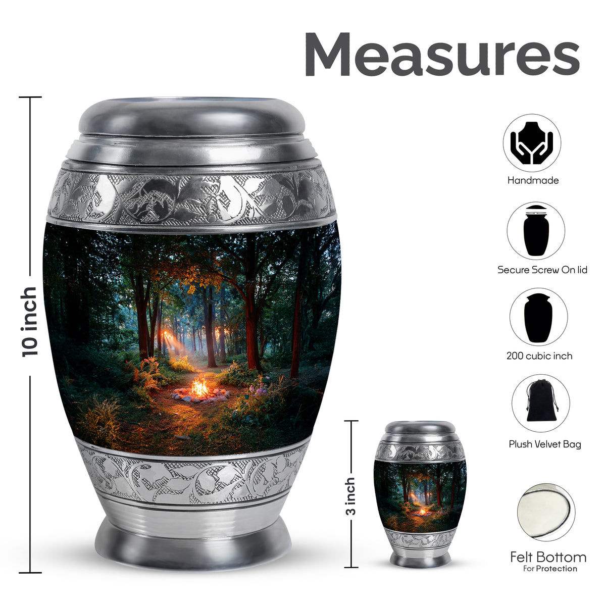 Ebony Campfire Cremation Urn lifestyle display on memorial shelf - regal campfire design with crown-inspired accents - mini keepsake memorial for portion of cremation ashes