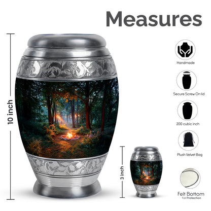 Ebony Campfire Cremation Urn lifestyle display on memorial shelf - regal campfire design with crown-inspired accents - mini keepsake memorial for portion of cremation ashes