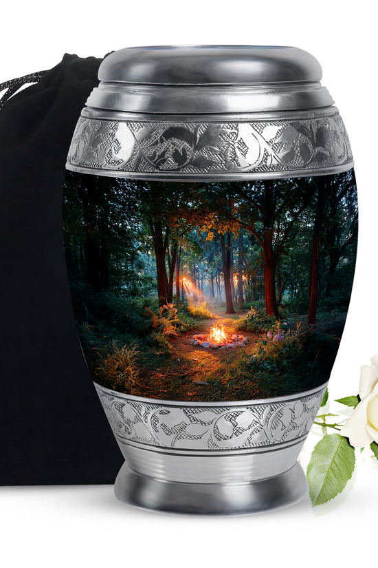 Midnight Black Campfire Cremation Urn back view with polished surface - royal campfire engraving with decorative scrollwork - full-size 10 inch 200 cubic inch adult cremation urn