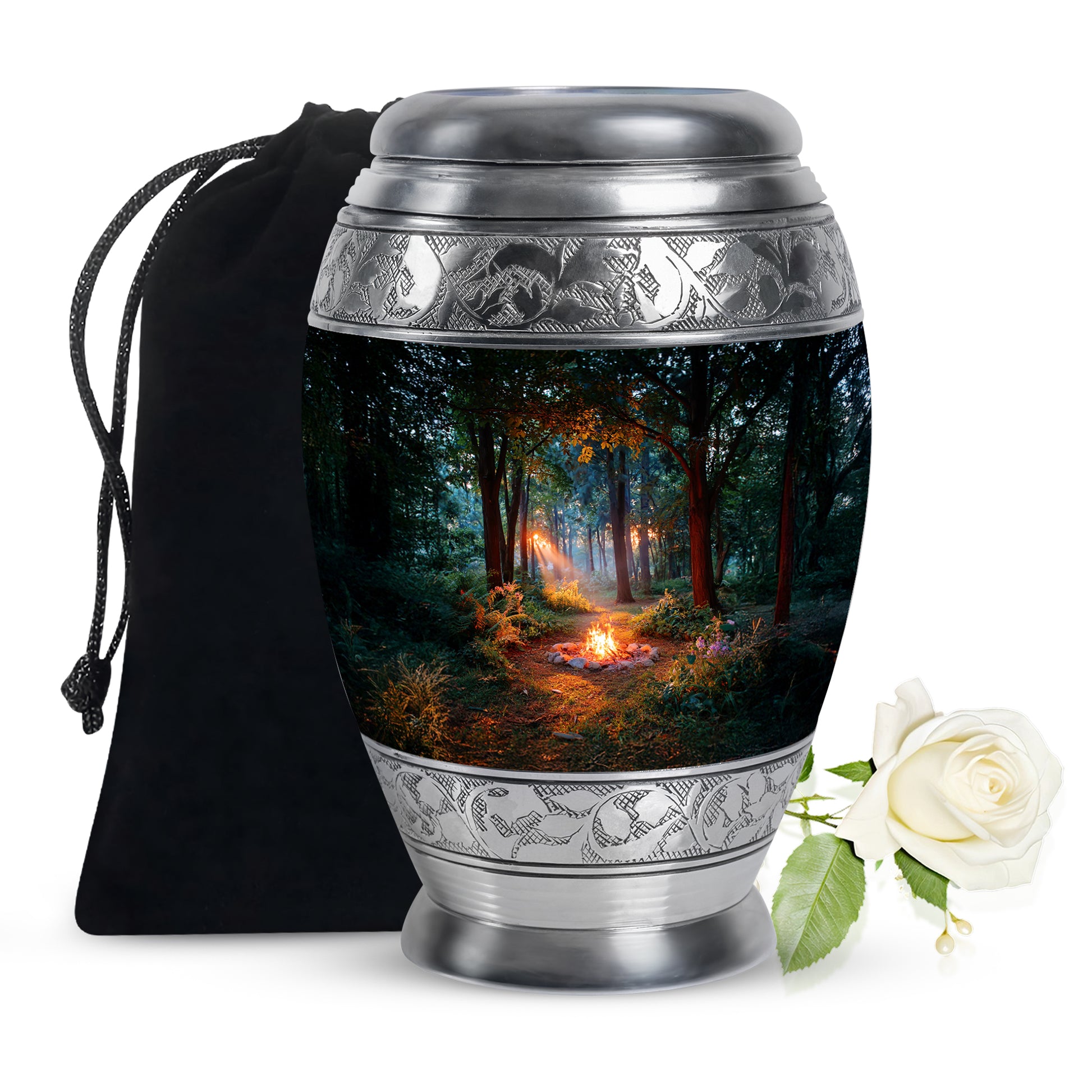 Midnight Black Campfire Cremation Urn back view with polished surface - royal campfire engraving with decorative scrollwork - full-size 10 inch 200 cubic inch adult cremation urn