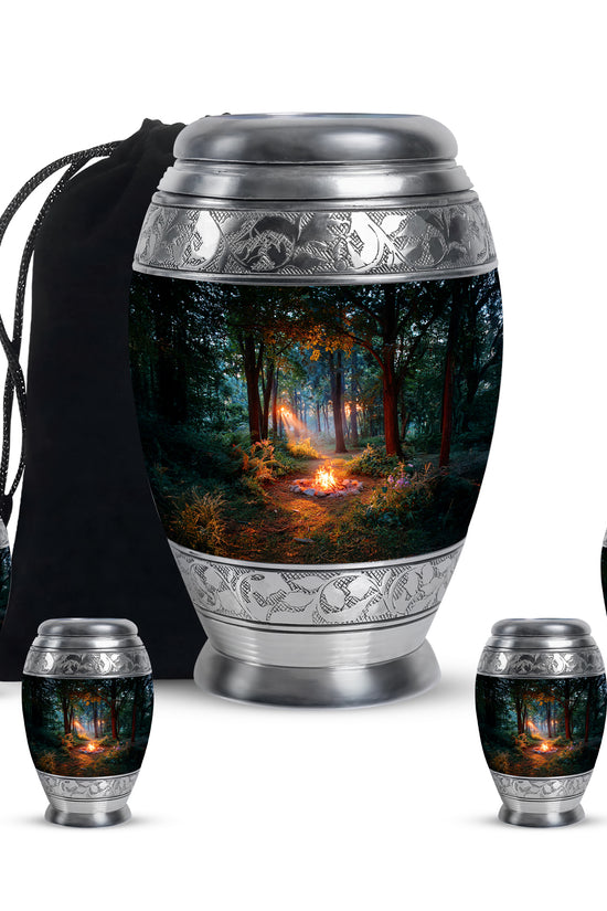 Ebony Campfire Cremation Urn detail view - ornate monarch-style campfire relief on brushed aluminum - memorial set with one large and four small urns