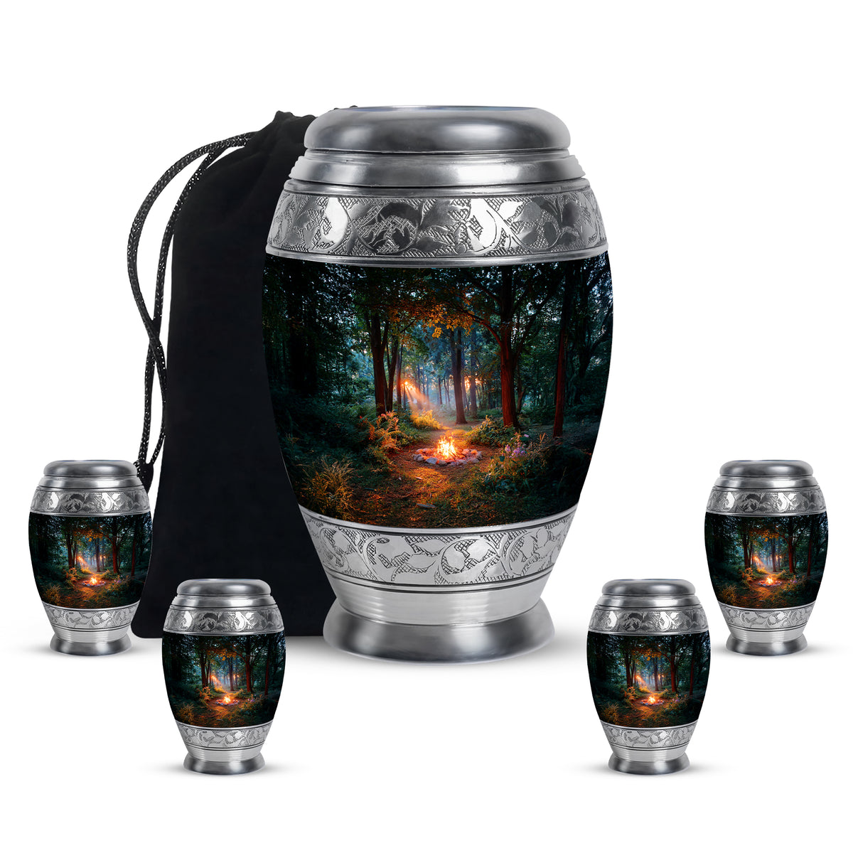 Ebony Campfire Cremation Urn detail view - ornate monarch-style campfire relief on brushed aluminum - memorial set with one large and four small urns