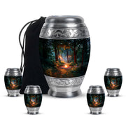 Ebony Campfire Cremation Urn detail view - ornate monarch-style campfire relief on brushed aluminum - memorial set with one large and four small urns