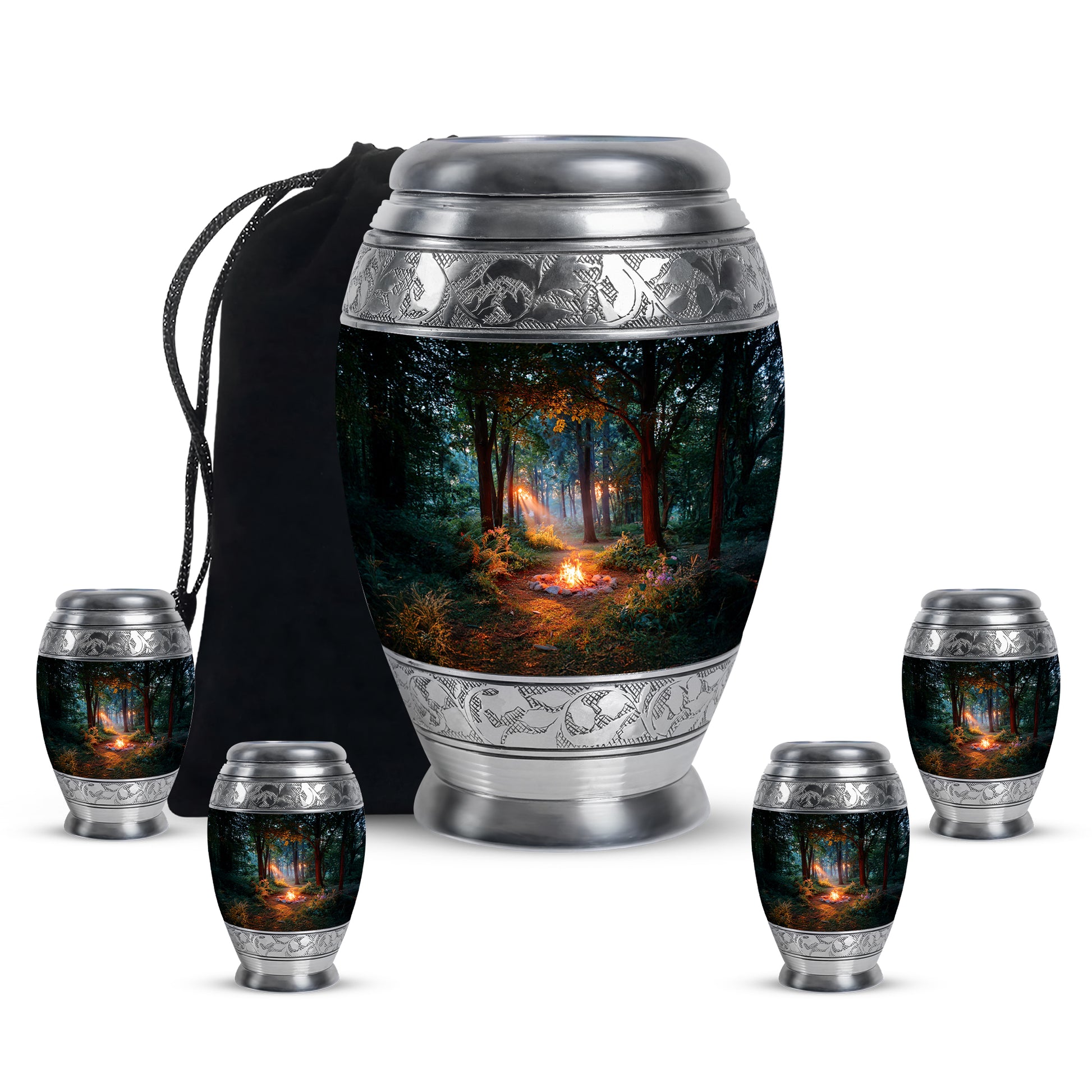 Ebony Campfire Cremation Urn detail view - ornate monarch-style campfire relief on brushed aluminum - memorial set with one large and four small urns