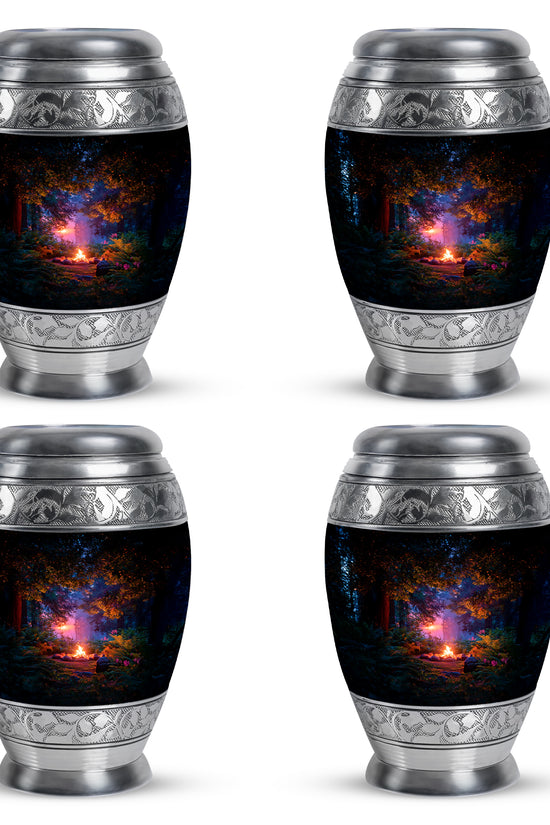 Rich Black Campfire Cremation Urn urn with complimentary velvet bag - regal campfire design with crown-inspired accents - 10 inch aluminum urn for cremated remains