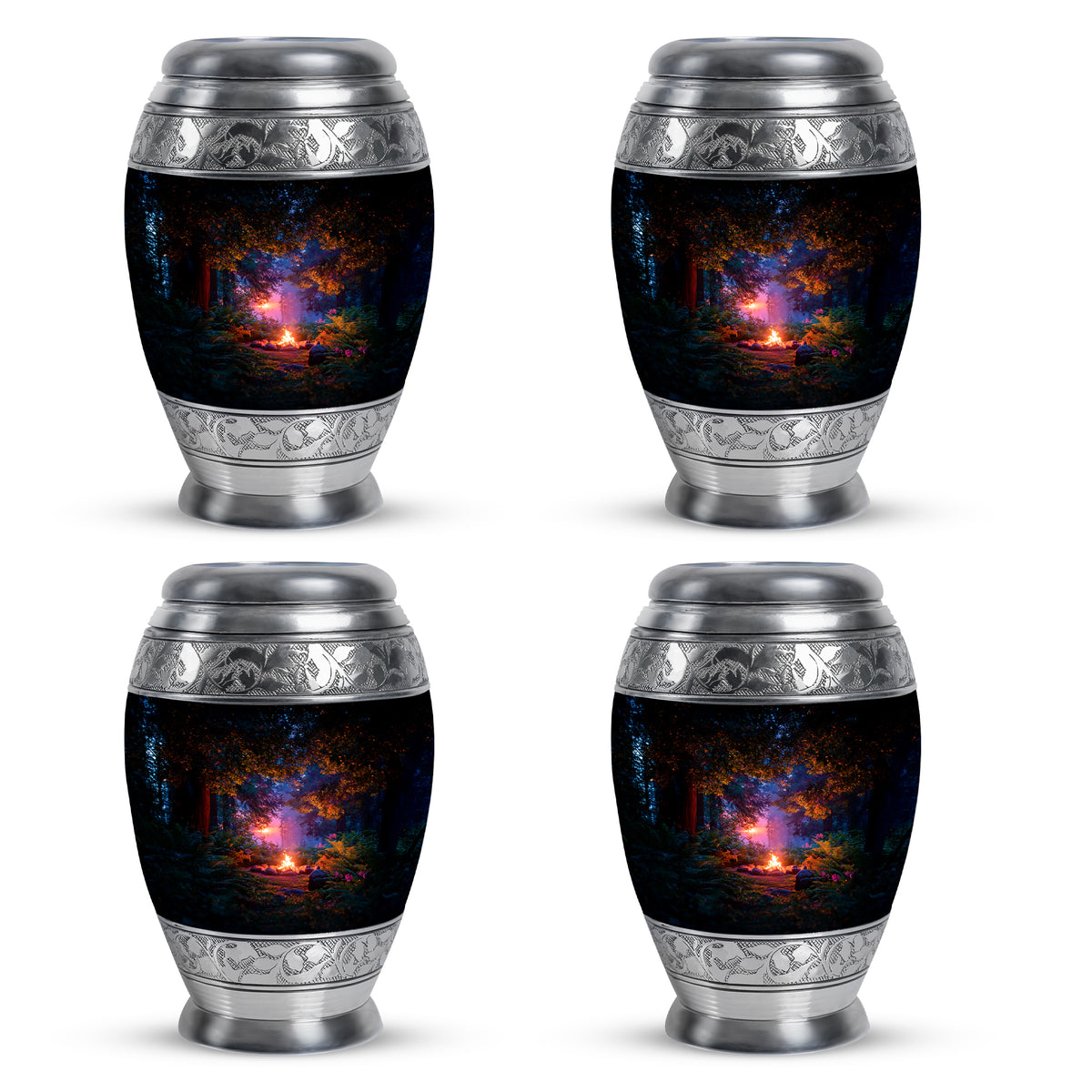Rich Black Campfire Cremation Urn urn with complimentary velvet bag - regal campfire design with crown-inspired accents - 10 inch aluminum urn for cremated remains