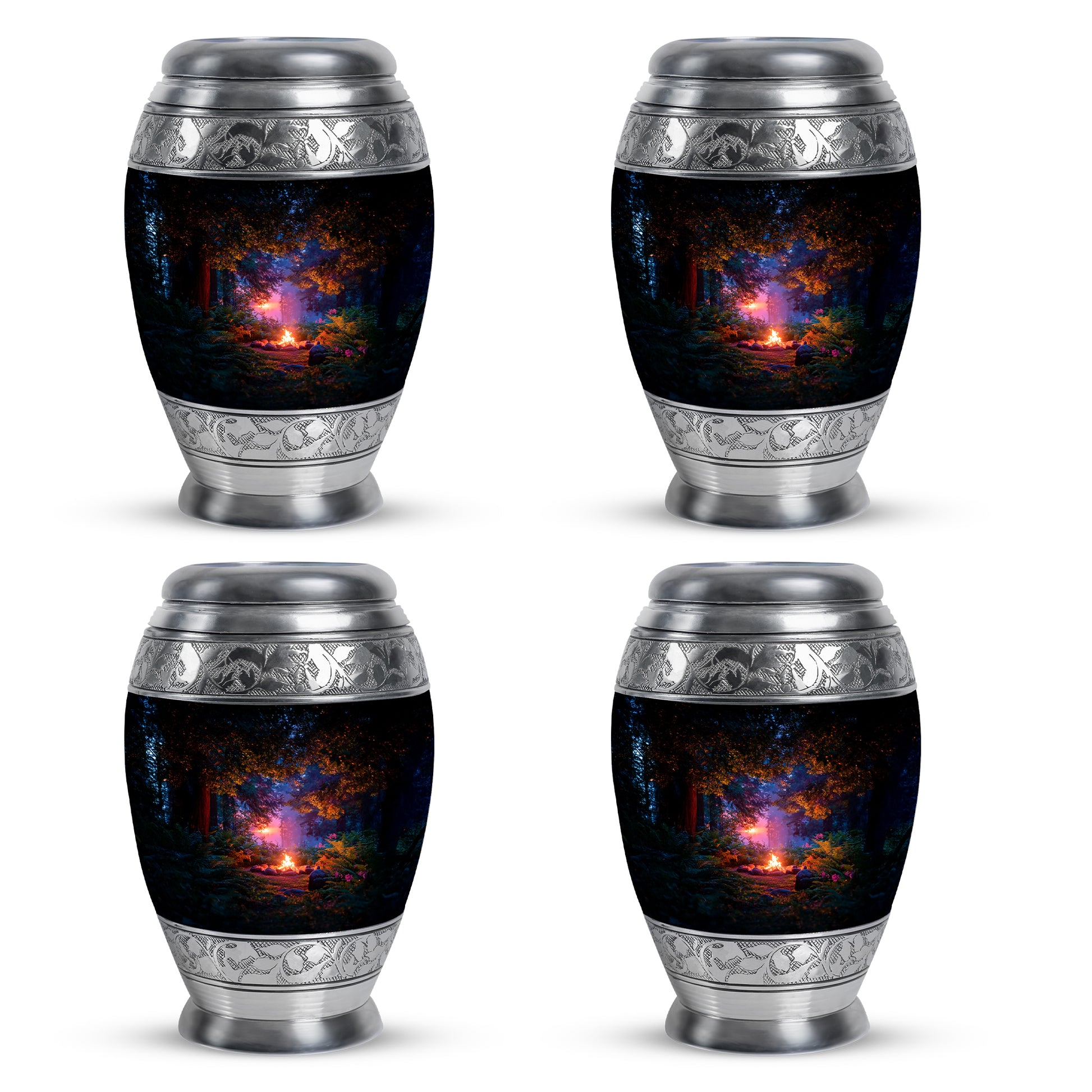 Rich Black Campfire Cremation Urn urn with complimentary velvet bag - regal campfire design with crown-inspired accents - 10 inch aluminum urn for cremated remains