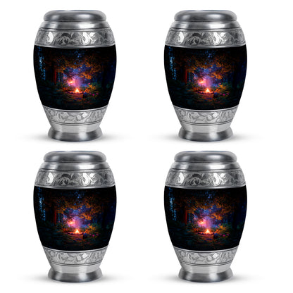 Rich Black Campfire Cremation Urn urn with complimentary velvet bag - regal campfire design with crown-inspired accents - 10 inch aluminum urn for cremated remains