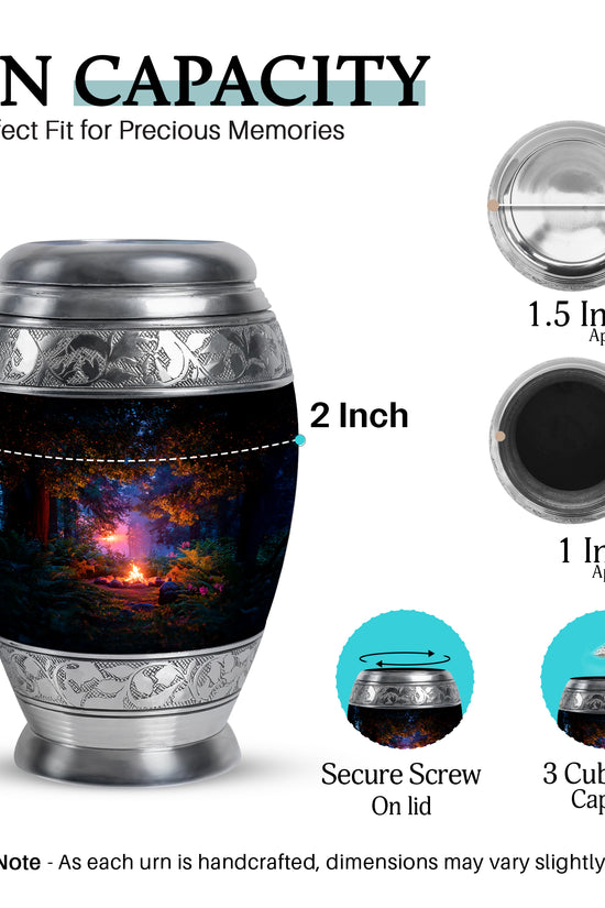 Rich Black Campfire Cremation Urn lifestyle display on memorial shelf - regal campfire design with crown-inspired accents - mini keepsake memorial for portion of cremation ashes
