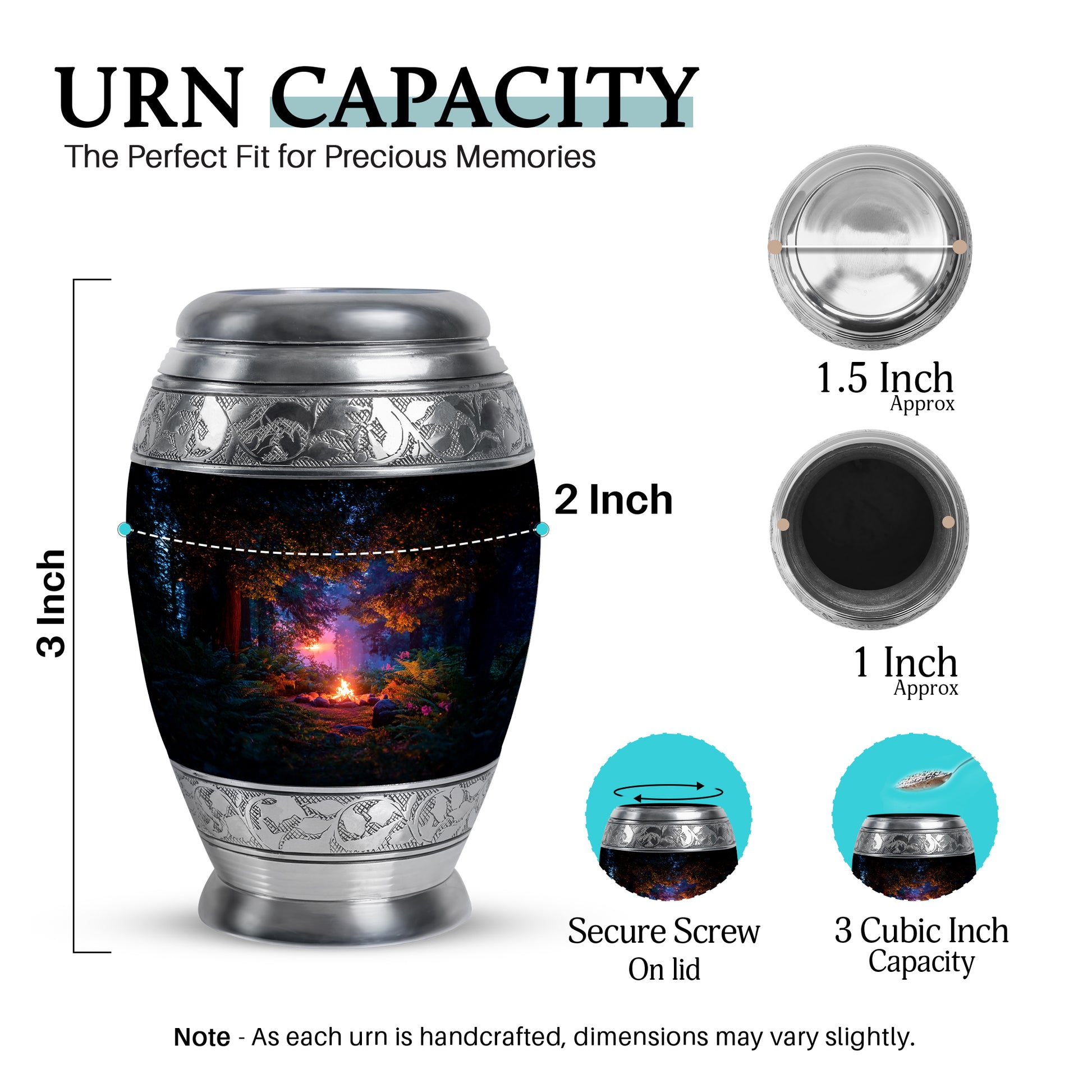 Rich Black Campfire Cremation Urn lifestyle display on memorial shelf - regal campfire design with crown-inspired accents - mini keepsake memorial for portion of cremation ashes