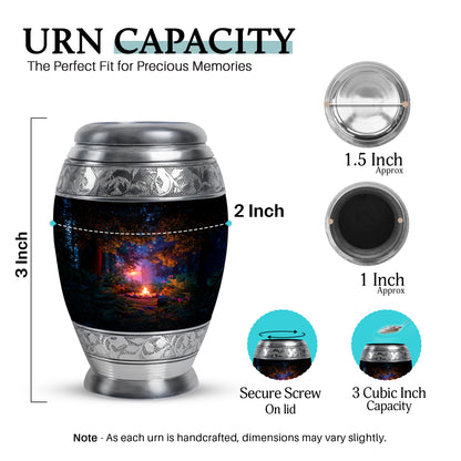 Rich Black Campfire Cremation Urn lifestyle display on memorial shelf - regal campfire design with crown-inspired accents - mini keepsake memorial for portion of cremation ashes