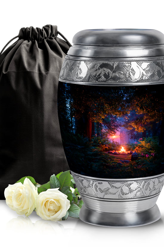 Jet Black Campfire Cremation Urn back view with polished surface - regal campfire design with crown-inspired accents - full-size 10 inch 200 cubic inch adult cremation urn