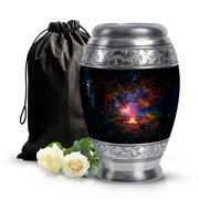 Jet Black Campfire Cremation Urn back view with polished surface - regal campfire design with crown-inspired accents - full-size 10 inch 200 cubic inch adult cremation urn