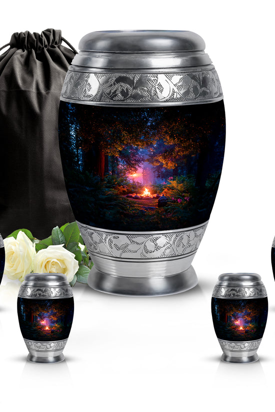 Glossy Black Campfire Cremation Urn detail view - regal campfire design with crown-inspired accents - memorial set with one large and four small urns