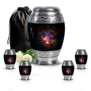 Glossy Black Campfire Cremation Urn detail view - regal campfire design with crown-inspired accents - memorial set with one large and four small urns