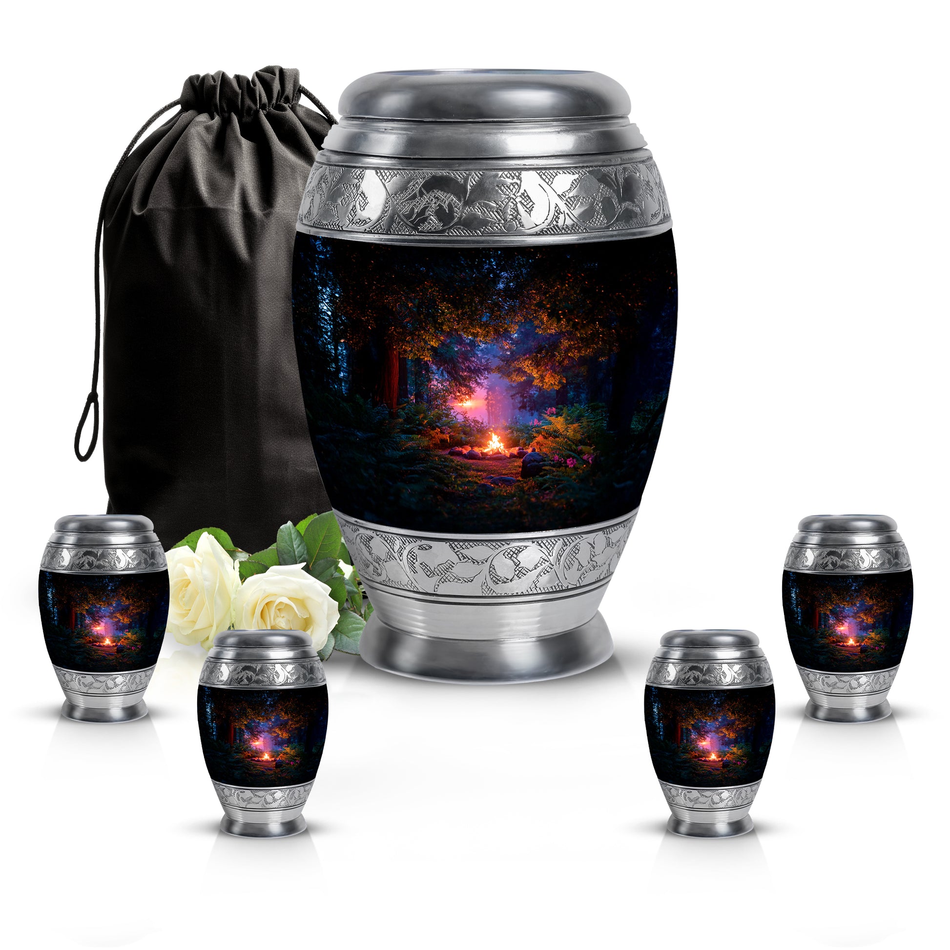 Glossy Black Campfire Cremation Urn detail view - regal campfire design with crown-inspired accents - memorial set with one large and four small urns