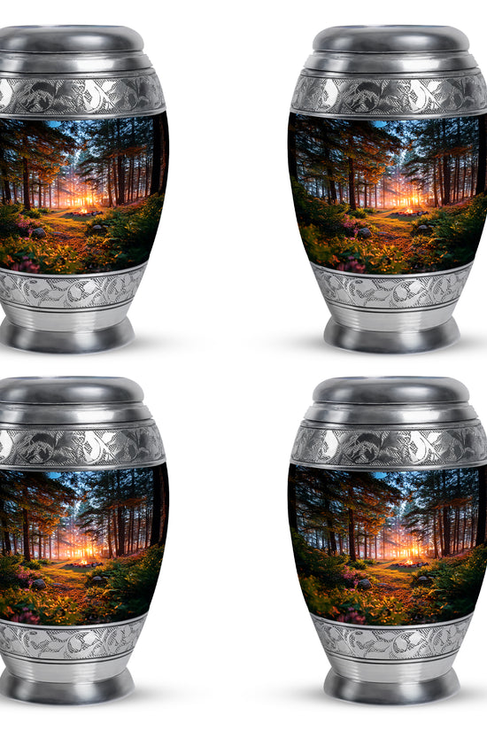 Midnight Black Campfire Cremation Urn urn with complimentary velvet bag - royal campfire engraving with decorative scrollwork - 10 inch aluminum urn for cremated remains