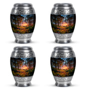 Midnight Black Campfire Cremation Urn urn with complimentary velvet bag - royal campfire engraving with decorative scrollwork - 10 inch aluminum urn for cremated remains