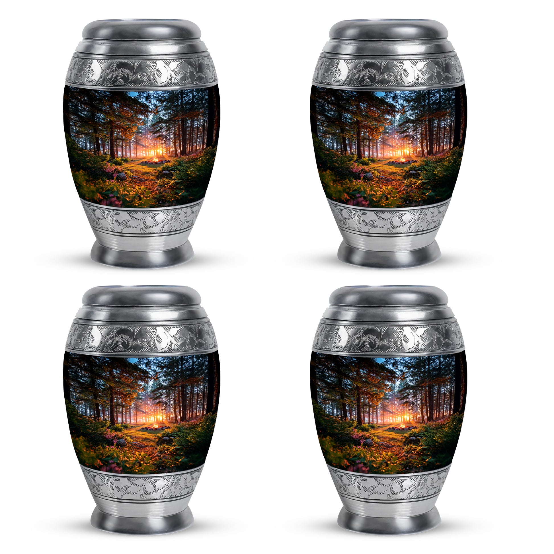 Midnight Black Campfire Cremation Urn urn with complimentary velvet bag - royal campfire engraving with decorative scrollwork - 10 inch aluminum urn for cremated remains