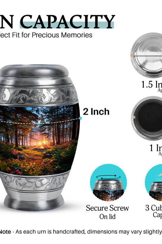 Glossy Black Campfire Cremation Urn lifestyle display on memorial shelf - ornate monarch-style campfire relief on brushed aluminum - mini keepsake memorial for portion of cremation ashes