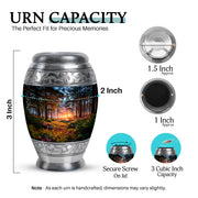 Glossy Black Campfire Cremation Urn lifestyle display on memorial shelf - ornate monarch-style campfire relief on brushed aluminum - mini keepsake memorial for portion of cremation ashes