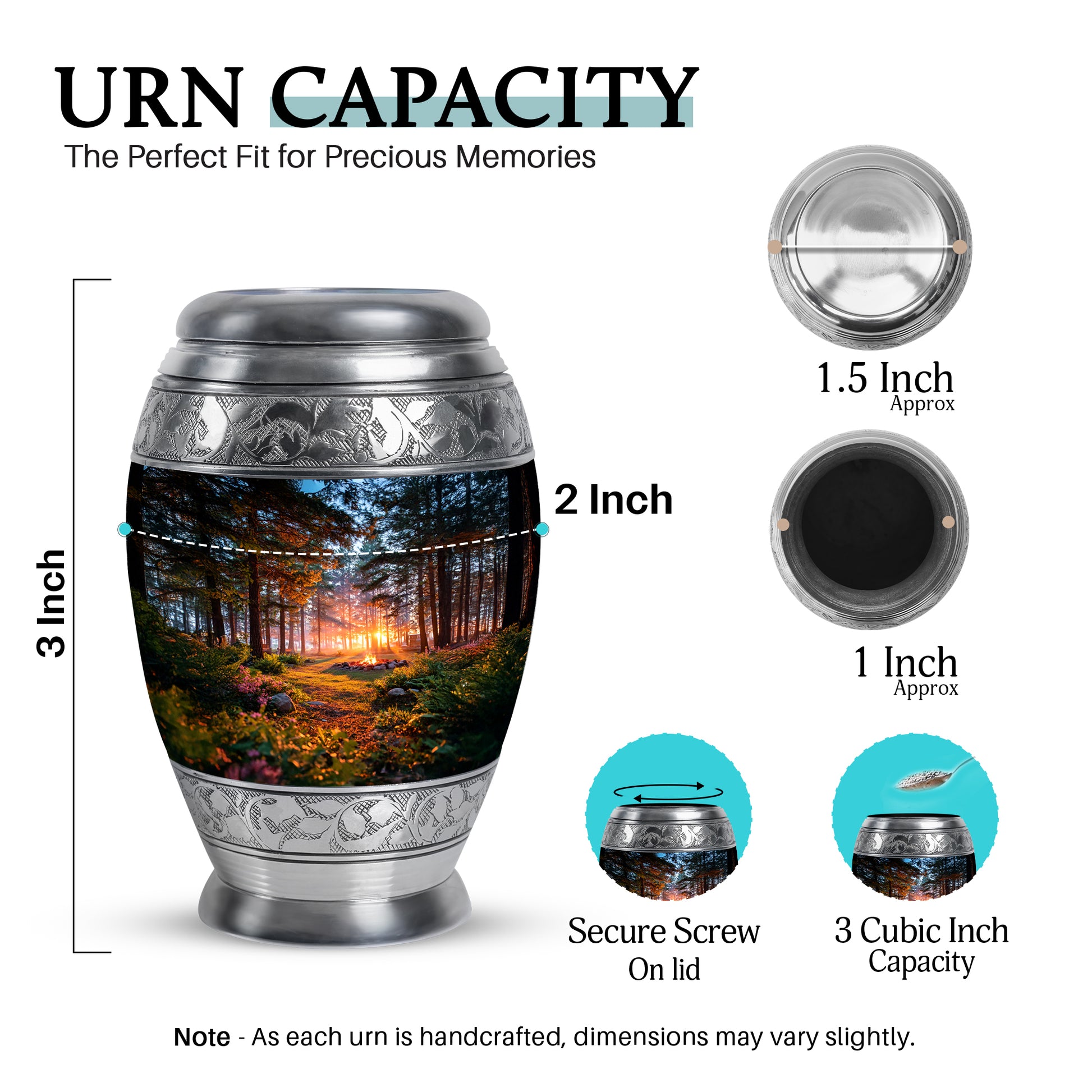 Glossy Black Campfire Cremation Urn lifestyle display on memorial shelf - ornate monarch-style campfire relief on brushed aluminum - mini keepsake memorial for portion of cremation ashes