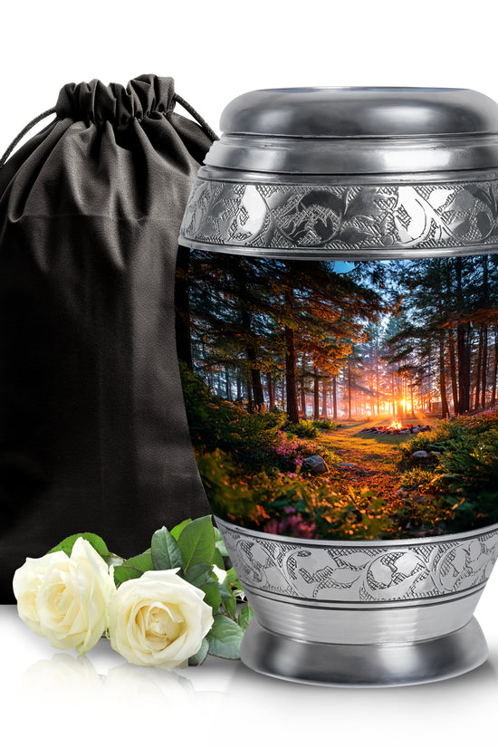 Glossy Black Campfire Cremation Urn back view with polished surface - ornate monarch-style campfire relief on brushed aluminum - full-size 10 inch 200 cubic inch adult cremation urn